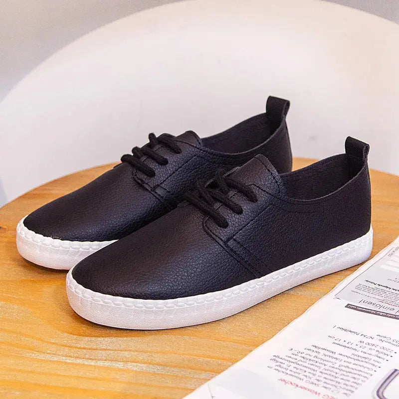 Women's white sneakers, Solid color, basic style, matching ladies shoes, flat heel, soft leather lace-up, good quality girls black shoe MedSurgery Store For Digital Health