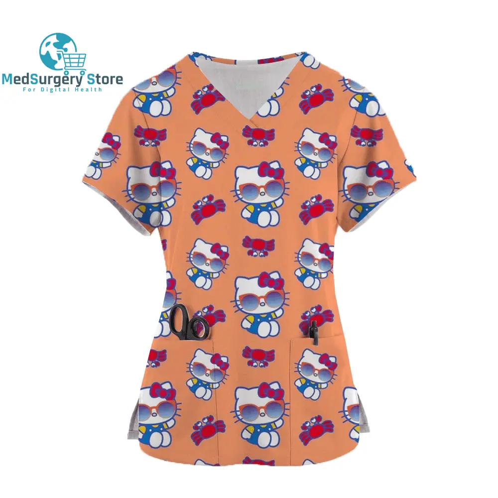 2024 Kawaii Nurse Uniform Scrubs Womens Cartoon Hello Kitty Print Short Sleeve Pocket Overalls Uniforms Medical Nursing Blouse