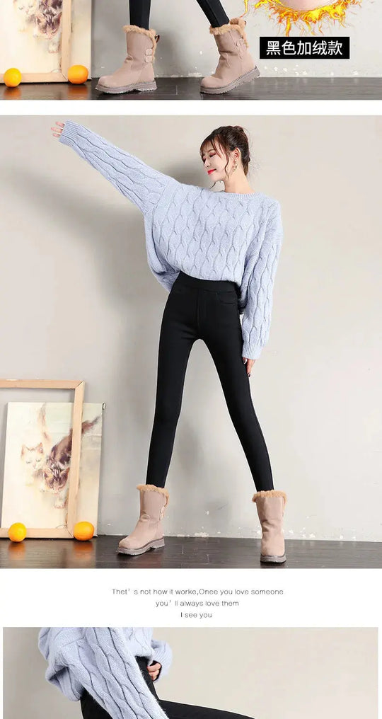 Women's warm winter leggings, thick velvet tight pants, casual solid elastic skinny pants with elastic waistband, black and white MedSurgery Store For Digital Health