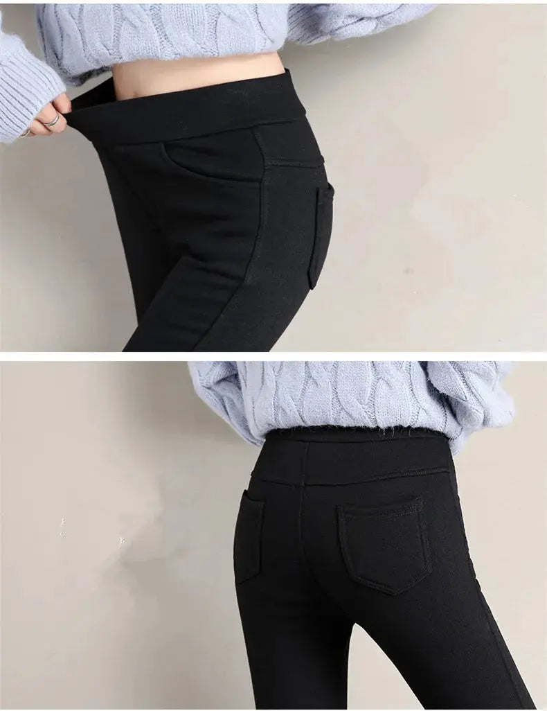 Women's warm winter leggings, thick velvet tight pants, casual solid elastic skinny pants with elastic waistband, black and white MedSurgery Store For Digital Health