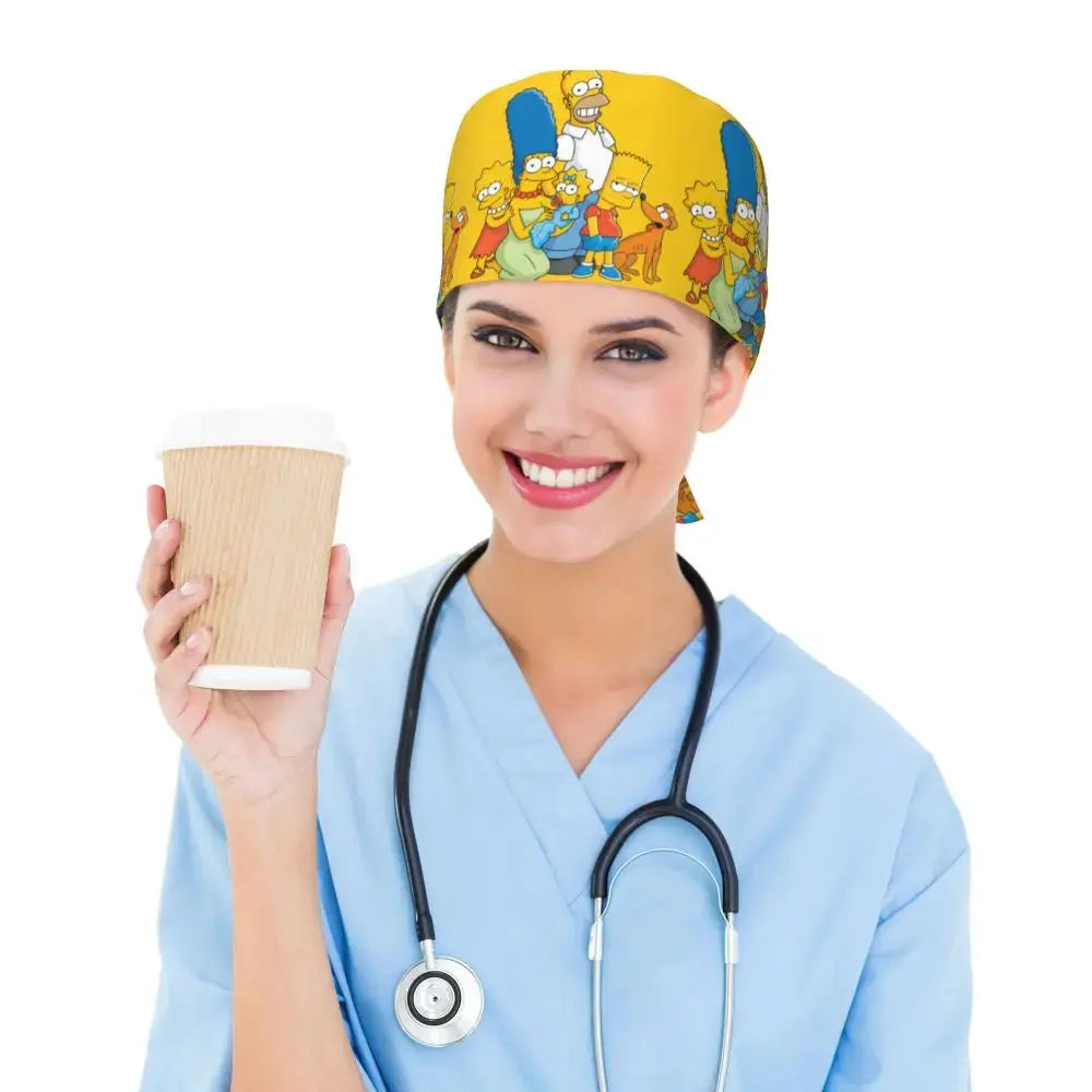 Customized The Simpsons Cartoon Cartoon Medical Staff Scrubs Hat Men Women Doctor Nursing Surgical Scrub Caps MedSurgery Store For Digital Health