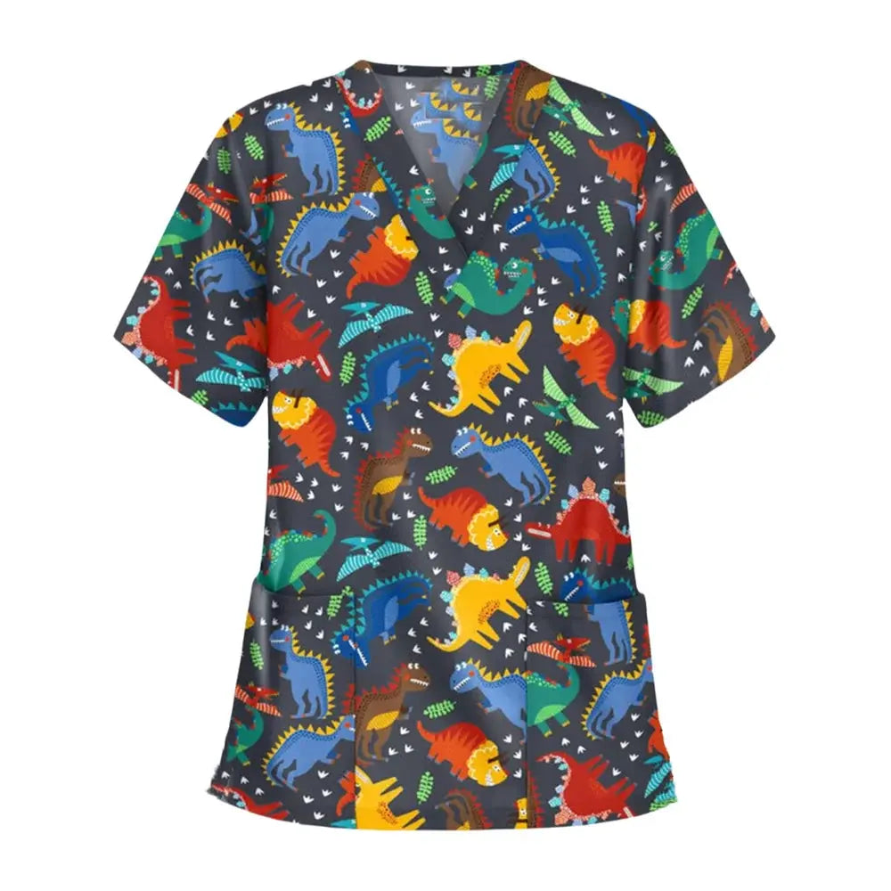 Animal vignette print veterinary surgical uniform for women, fashion v-neck tops, short sleeve, pet doctor CJdropshipping.