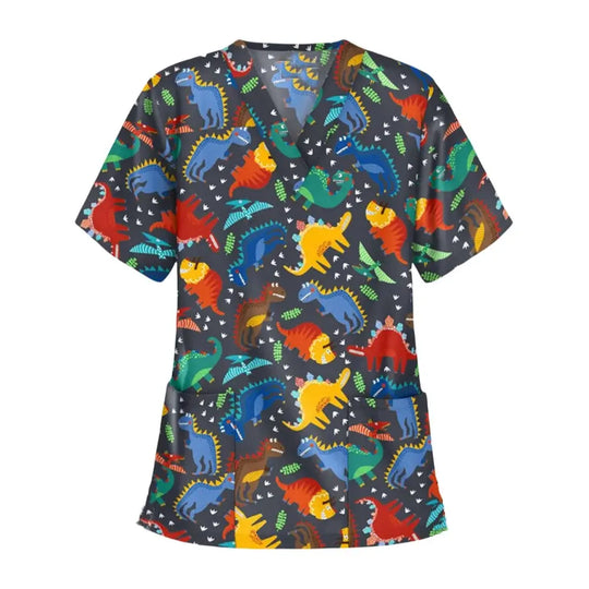 Animal vignette print veterinary surgical uniform for women, fashion v-neck tops, short sleeve, pet doctor CJdropshipping.