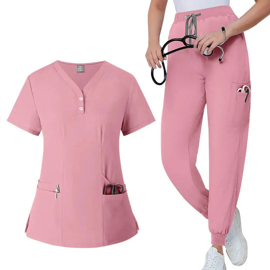 Women's gown set, V-neck pocket top, exfoliating jogging pants with drawstring, nursing scrubs, surgical scrubs CJdropshipping