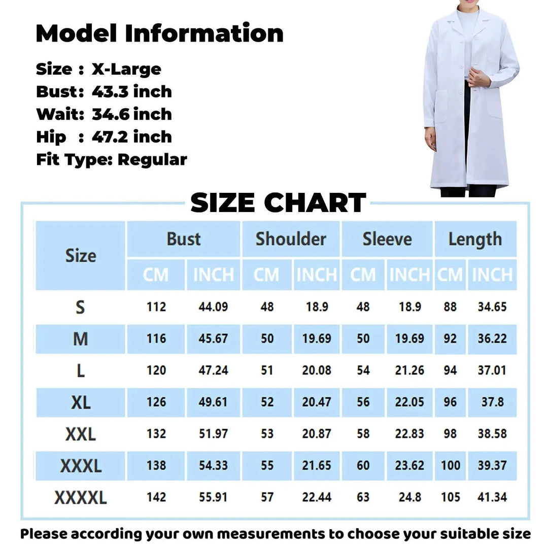 Unisex men's and women's long sleeve white lab coat, tunic style blouse with notched lapel collar and buttons for medical and nursing uniform MedSurgery Store For Digital Health