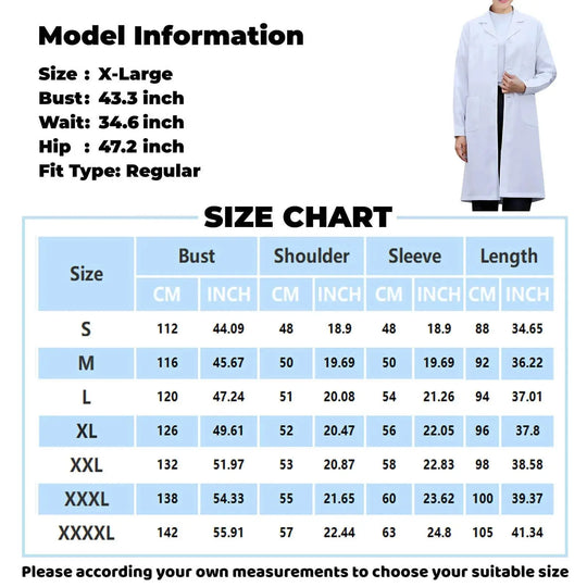 Unisex men's and women's long sleeve white lab coat, tunic style blouse with notched lapel collar and buttons for medical and nursing uniform MedSurgery Store For Digital Health