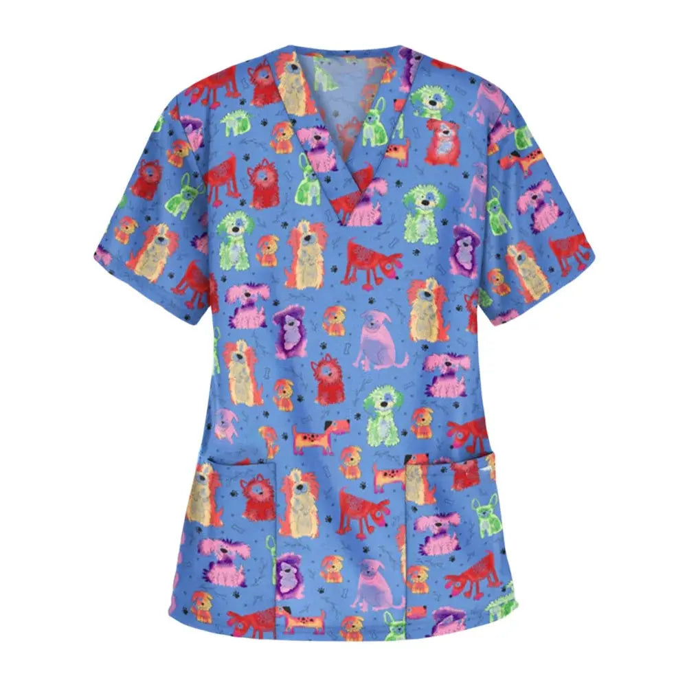 Animal vignette print veterinary surgical uniform for women, fashion v-neck tops, short sleeve, pet doctor CJdropshipping.