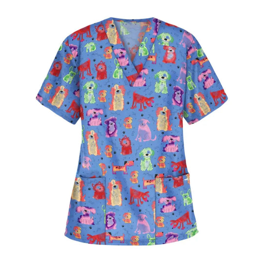 Animal vignette print veterinary surgical uniform for women, fashion v-neck tops, short sleeve, pet doctor CJdropshipping.