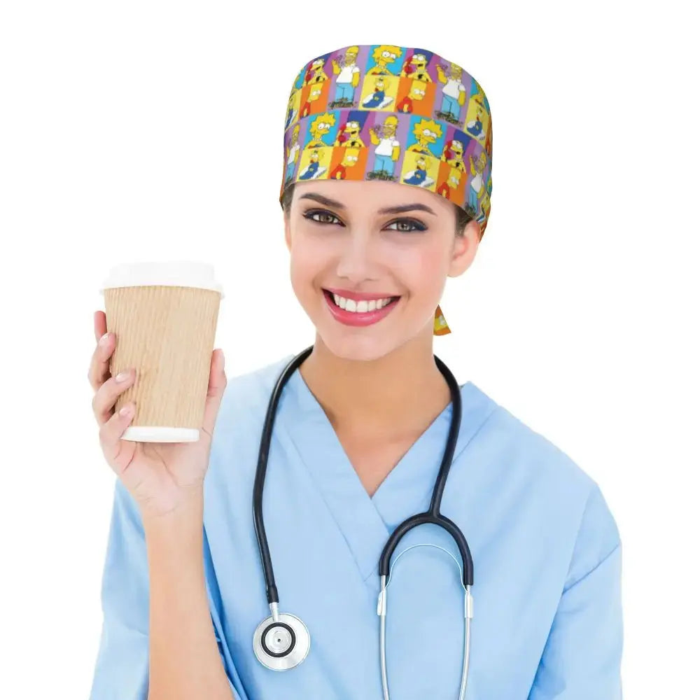 Customized The Simpsons Cartoon Cartoon Medical Staff Scrubs Hat Men Women Doctor Nursing Surgical Scrub Caps MedSurgery Store For Digital Health