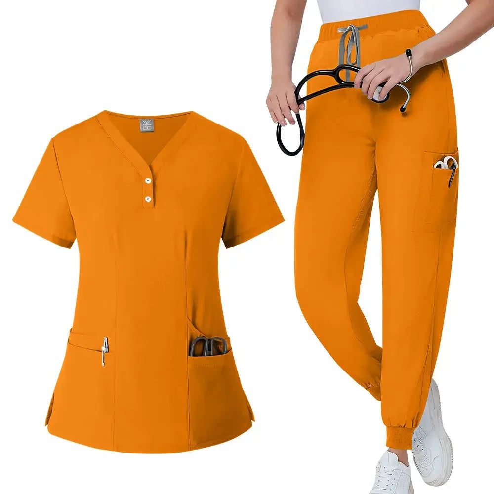Women's gown set, V-neck pocket top, exfoliating jogging pants with drawstring, nursing scrubs, surgical scrubs CJdropshipping