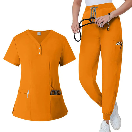 Women's gown set, V-neck pocket top, exfoliating jogging pants with drawstring, nursing scrubs, surgical scrubs CJdropshipping