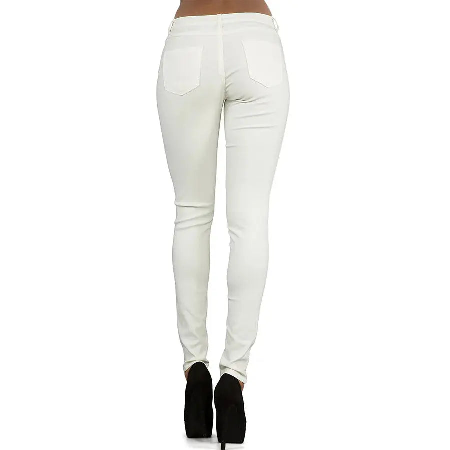 Women's low rise pants, elastic tight pants with double zipper, white faux leather pants for women MedSurgery Store For Digital Health