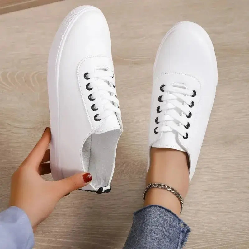 White Shoes, Women's Sneakers, Shallow White Leather Lace-Up Shoes, Versatile Soft Sole, Running and Walking Shoes, Student Campus MedSurgery Store For Digital Health