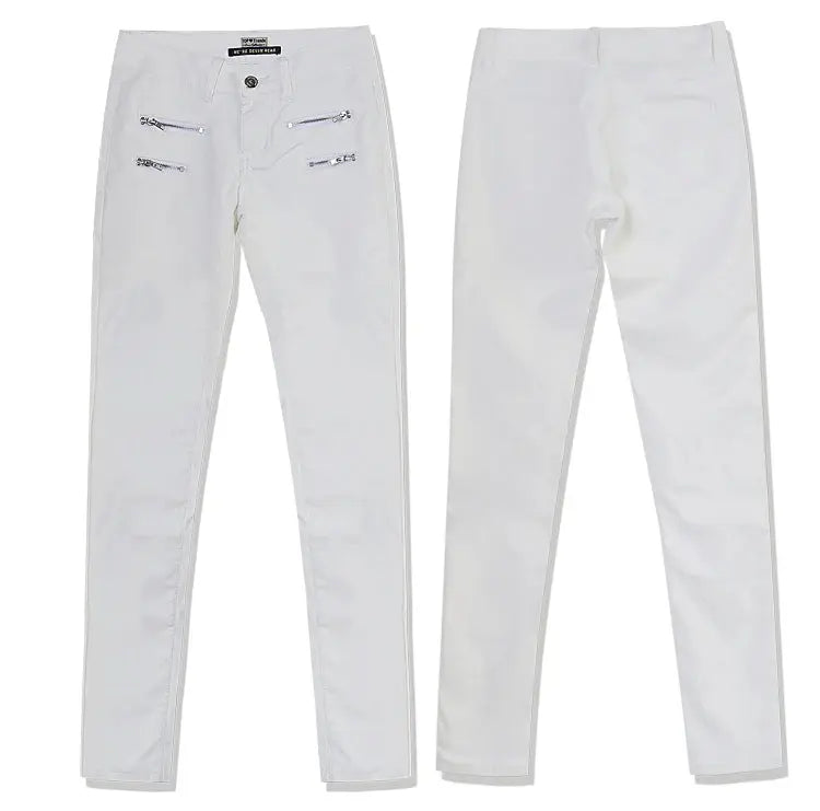 Women's low rise pants, elastic tight pants with double zipper, white faux leather pants for women MedSurgery Store For Digital Health