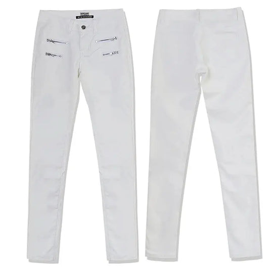 Women's low rise pants, elastic tight pants with double zipper, white faux leather pants for women MedSurgery Store For Digital Health