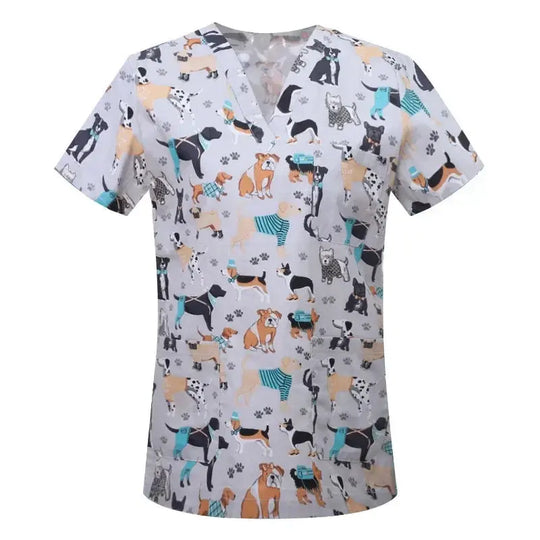 Cartoon animal print cotton blouse, medical surgical scrubs for pet clinic, Hospital, nursing CJdropshipping