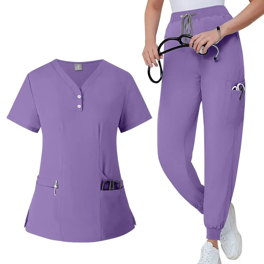 Women's gown set, V-neck pocket top, exfoliating jogging pants with drawstring, nursing scrubs, surgical scrubs CJdropshipping