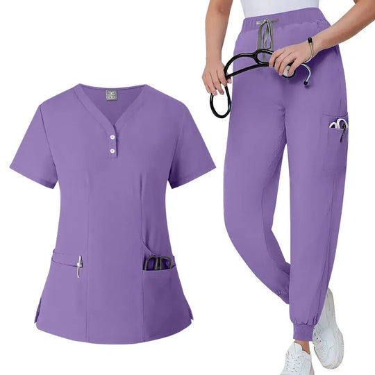 Women's gown set, V-neck pocket top, exfoliating jogging pants with drawstring, nursing scrubs, surgical scrubs CJdropshipping