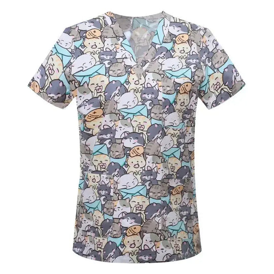 Cartoon animal print cotton blouse, medical surgical scrubs for pet clinic, Hospital, nursing CJdropshipping