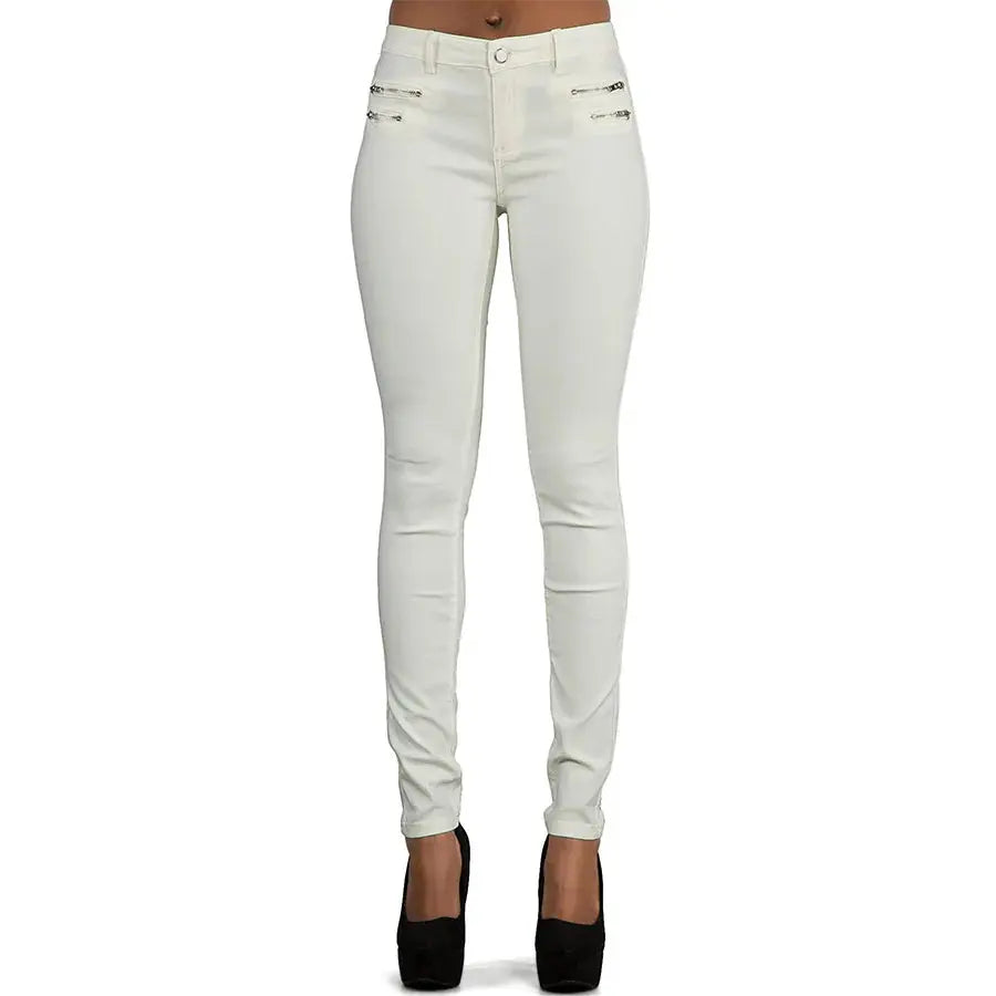 Women's low rise pants, elastic tight pants with double zipper, white faux leather pants for women MedSurgery Store For Digital Health