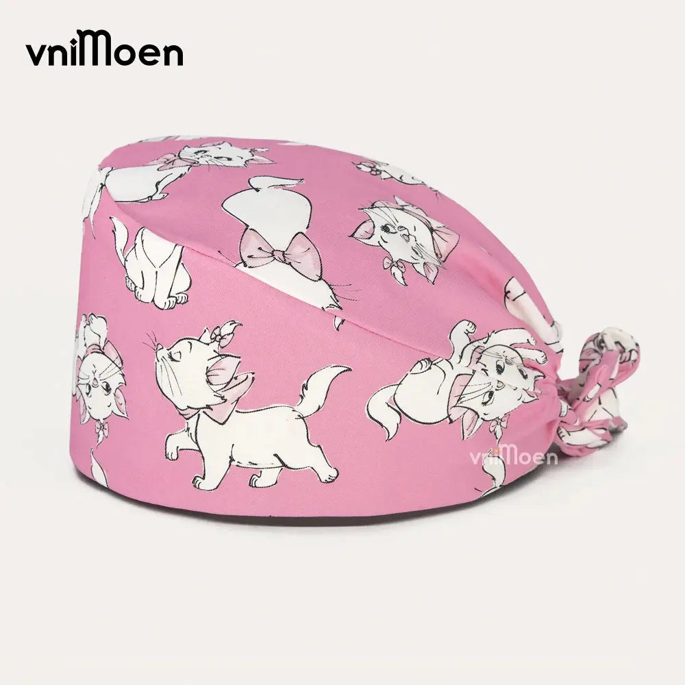 Pink cartoon cat print cotton cap for pet store, veterinarian nurse cap, absorbent sweat scrub cap, dentist cap, salon care hats from MedSurgery Store For Digital Health.