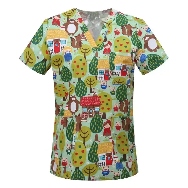 Cartoon animal print cotton blouse, medical surgical scrubs for pet clinic, Hospital, nursing CJdropshipping