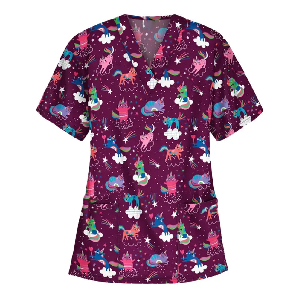 Animal vignette print veterinary surgical uniform for women, fashion v-neck tops, short sleeve, pet doctor CJdropshipping.
