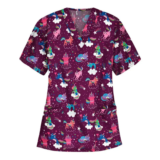 Animal vignette print veterinary surgical uniform for women, fashion v-neck tops, short sleeve, pet doctor CJdropshipping.