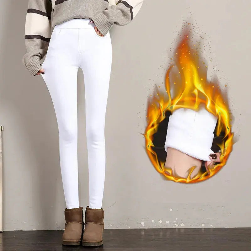 Women's warm winter leggings, thick velvet tight pants, casual solid elastic skinny pants with elastic waistband, black and white MedSurgery Store For Digital Health