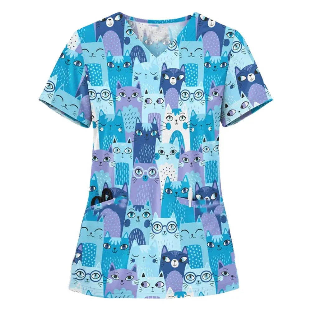 Animal vignette print veterinary surgical uniform for women, fashion v-neck tops, short sleeve, pet doctor CJdropshipping.