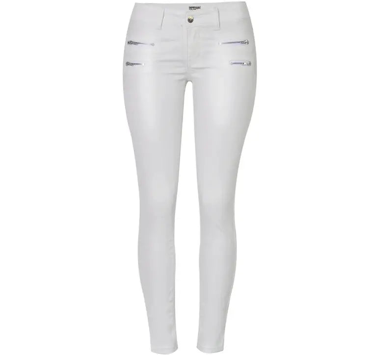 Women's low rise pants, elastic tight pants with double zipper, white faux leather pants for women MedSurgery Store For Digital Health