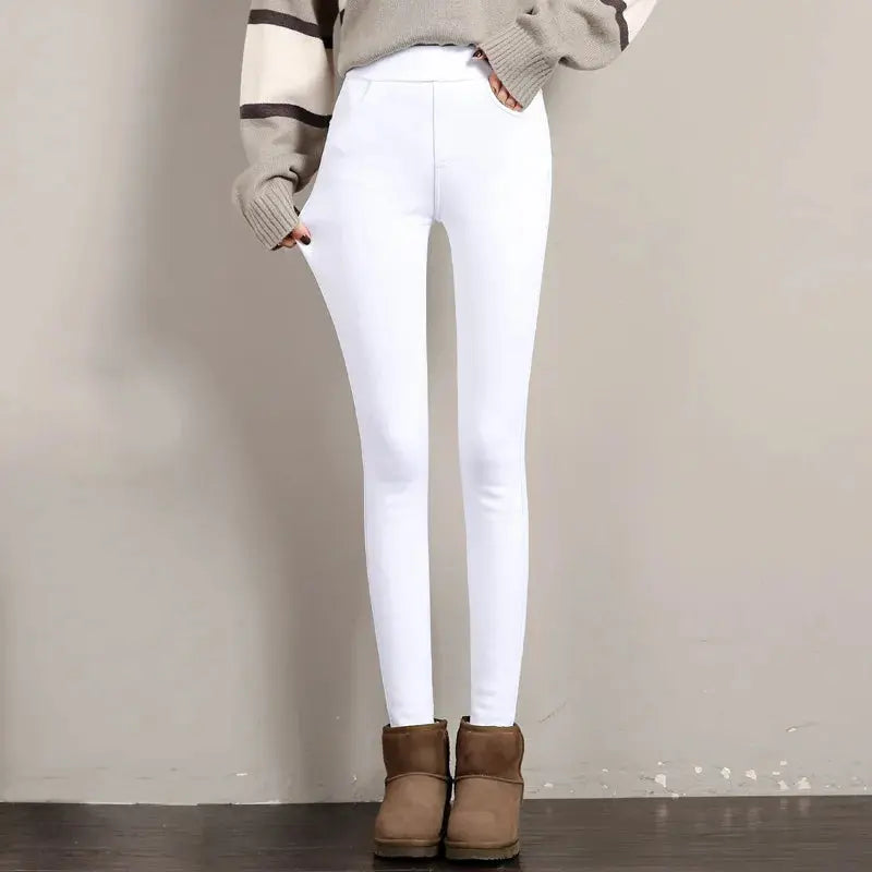 Women's warm winter leggings, thick velvet tight pants, casual solid elastic skinny pants with elastic waistband, black and white MedSurgery Store For Digital Health