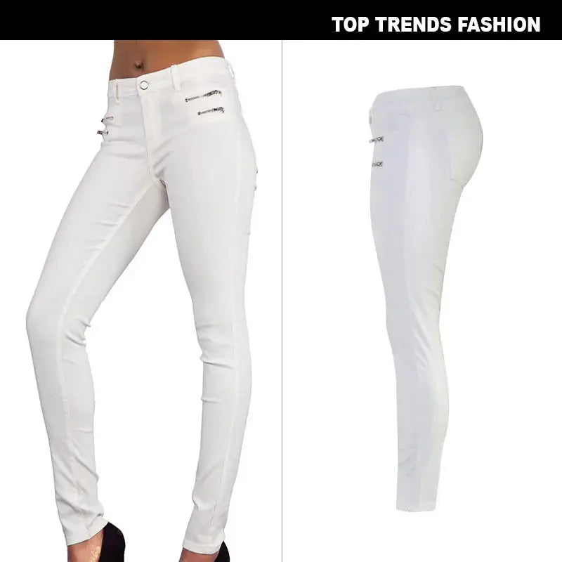 Women's low rise pants, elastic tight pants with double zipper, white faux leather pants for women MedSurgery Store For Digital Health