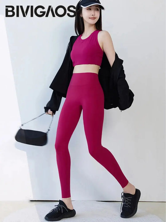 BIVIGAOS 2025 Spring Summer New Red Plum 3D Nude Feeling Nude Sharkskin Leggings Slim Women Sexy Sport Yoga Push Up Fitness Leggings MedSurgery Store For Digital Health