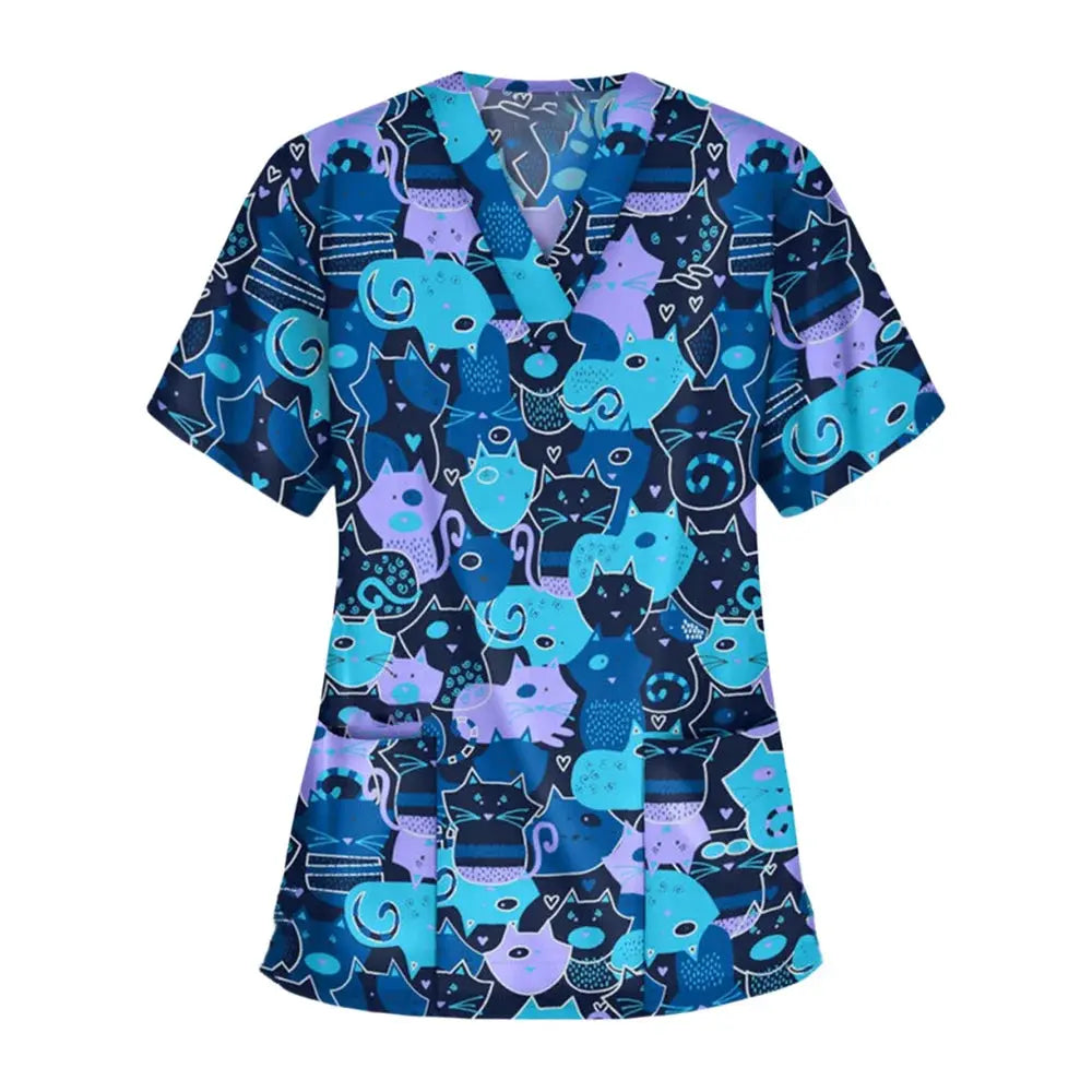 Animal vignette print veterinary surgical uniform for women, fashion v-neck tops, short sleeve, pet doctor CJdropshipping.
