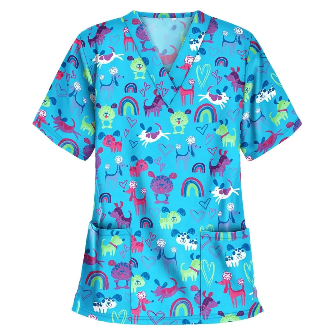 Animal vignette print veterinary surgical uniform for women, fashion v-neck tops, short sleeve, pet doctor CJdropshipping.