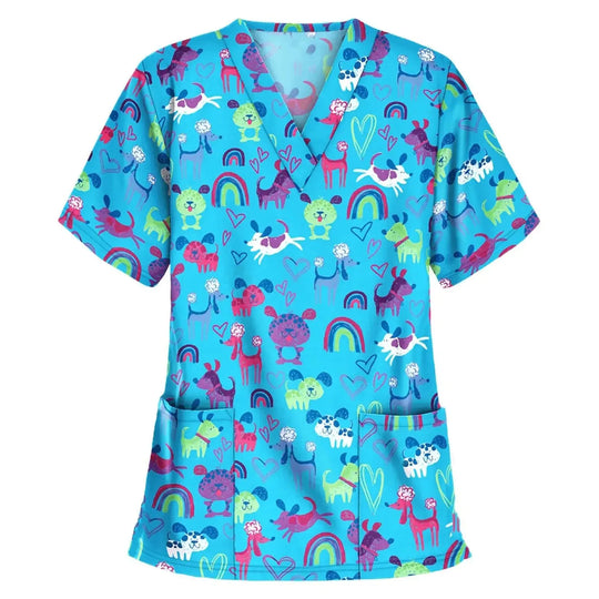 Animal vignette print veterinary surgical uniform for women, fashion v-neck tops, short sleeve, pet doctor CJdropshipping.