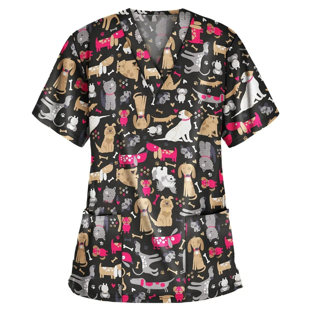 Animal vignette print veterinary surgical uniform for women, fashion v-neck tops, short sleeve, pet doctor CJdropshipping.