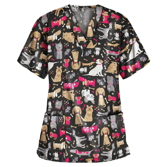 Animal vignette print veterinary surgical uniform for women, fashion v-neck tops, short sleeve, pet doctor CJdropshipping.