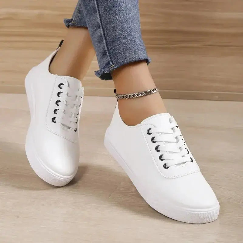 White Shoes, Women's Sneakers, Shallow White Leather Lace-Up Shoes, Versatile Soft Sole, Running and Walking Shoes, Student Campus MedSurgery Store For Digital Health