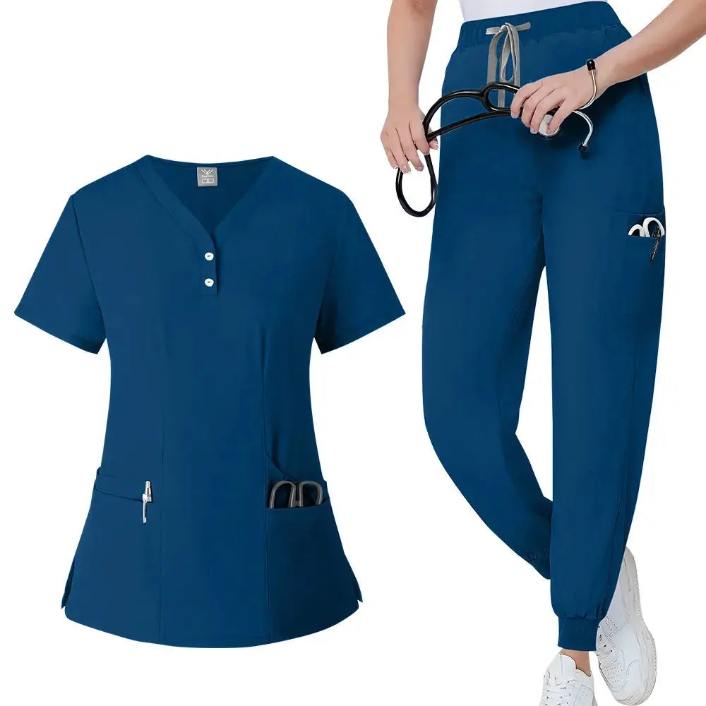 Women's gown set, V-neck pocket top, exfoliating jogging pants with drawstring, nursing scrubs, surgical scrubs CJdropshipping