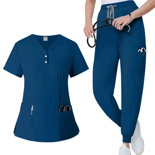 Women's gown set, V-neck pocket top, exfoliating jogging pants with drawstring, nursing scrubs, surgical scrubs CJdropshipping