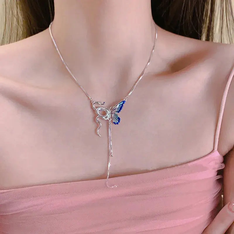 Women's Butterfly and Snake Pendant Necklace, Punk Y2K Tassel Choker, Cosplaying Jewelry Accessory MedSurgery Store For Digital Health