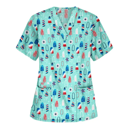 Animal vignette print veterinary surgical uniform for women, fashion v-neck tops, short sleeve, pet doctor CJdropshipping.