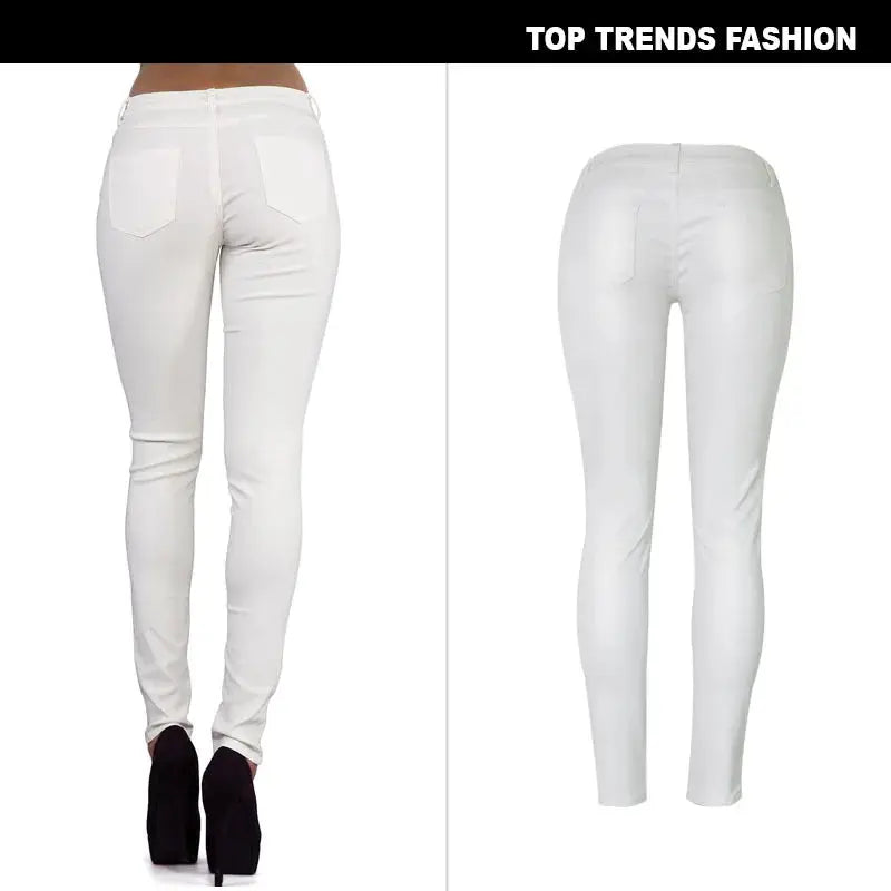 Women's low rise pants, elastic tight pants with double zipper, white faux leather pants for women MedSurgery Store For Digital Health