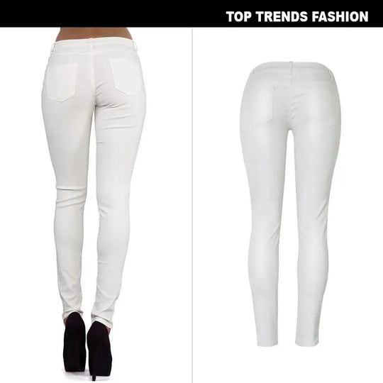 Women's low rise pants, elastic tight pants with double zipper, white faux leather pants for women MedSurgery Store For Digital Health