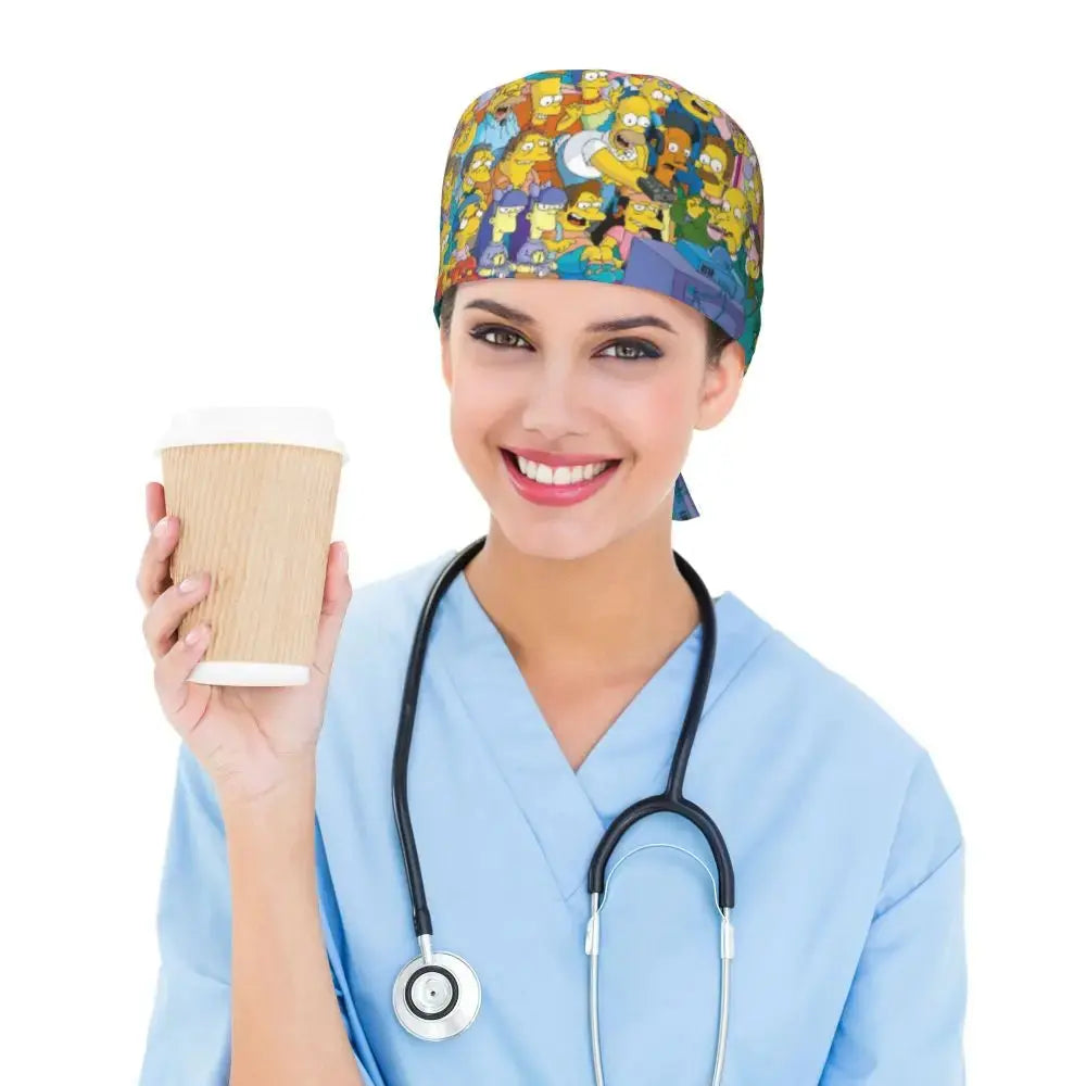 Customized The Simpsons Cartoon Cartoon Medical Staff Scrubs Hat Men Women Doctor Nursing Surgical Scrub Caps MedSurgery Store For Digital Health