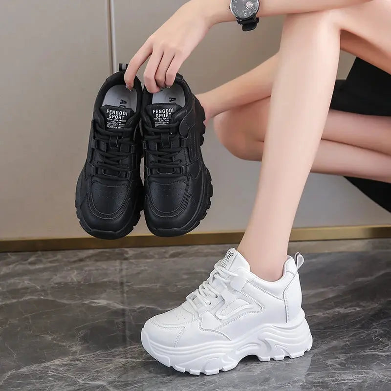 Women's white platform sneakers, vulcanized lace-up shoes with thick bottom, Pu leather, breathable, spring 2024 MedSurgery Store For Digital Health