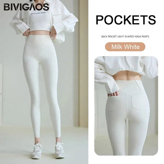 BIVIGAOS 2025 Spring Summer back pocket Sharkskin Leggings women's tight white Casual sport Fitness Leggings Leggings skinny pants MedSurgery Store For Digital Health