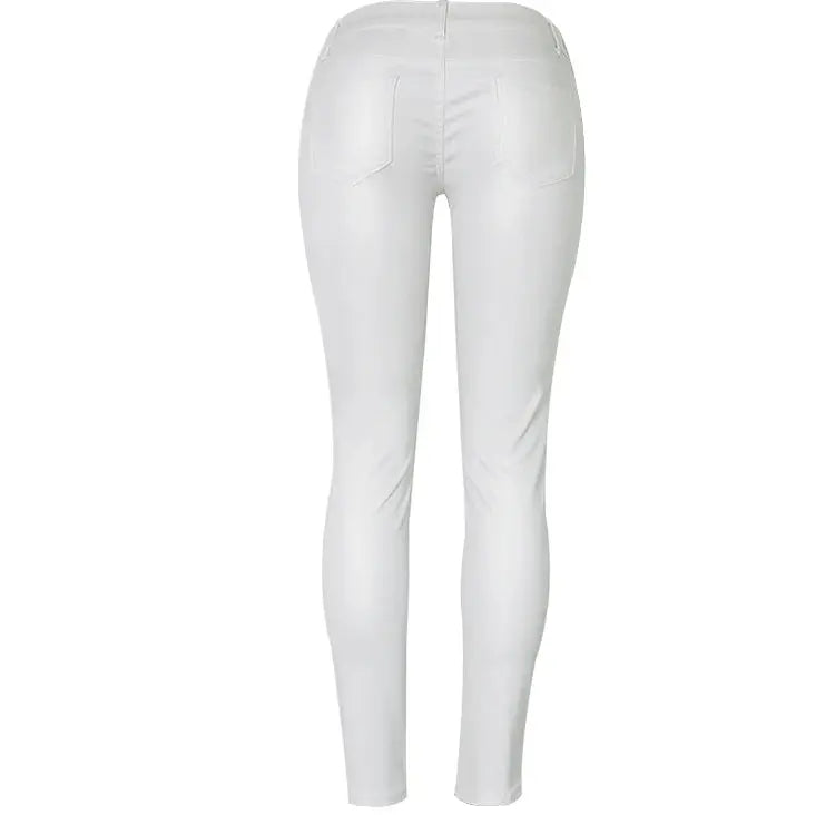 Women's low rise pants, elastic tight pants with double zipper, white faux leather pants for women MedSurgery Store For Digital Health